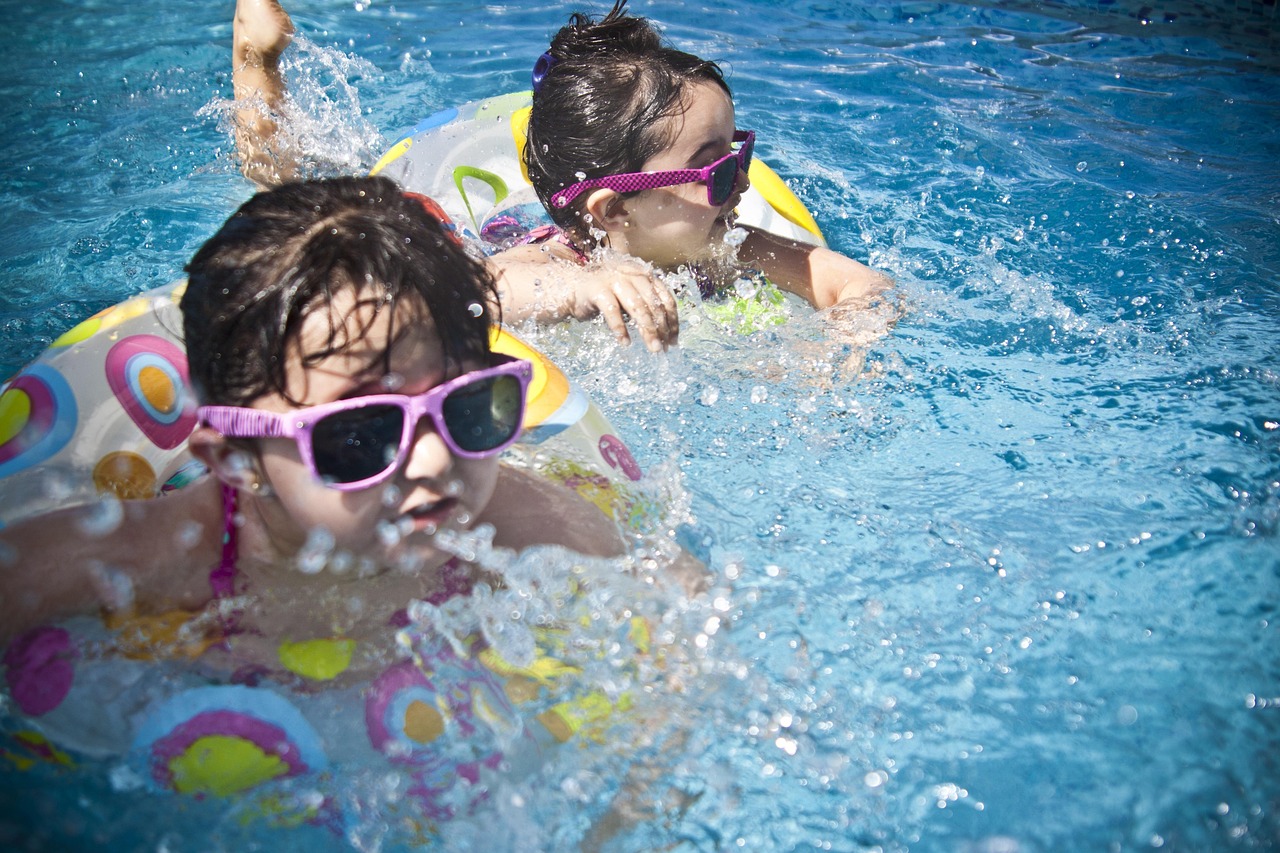 girls, swimming, splashing, sisters, little girls, floaters, swim, swimming pool, nature, pool, summer, vacation, splash